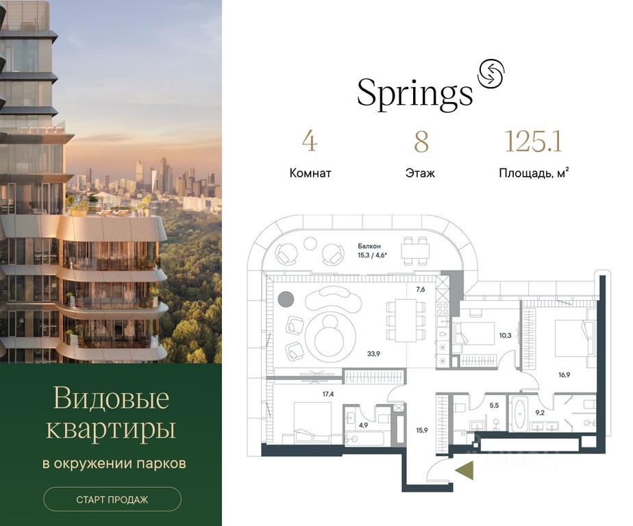 3-BD Apartment Sale, 125.1 sq. m. at Springs (Springs), Malaya Filyovskaya Street, 46, Moscow, Russia #1