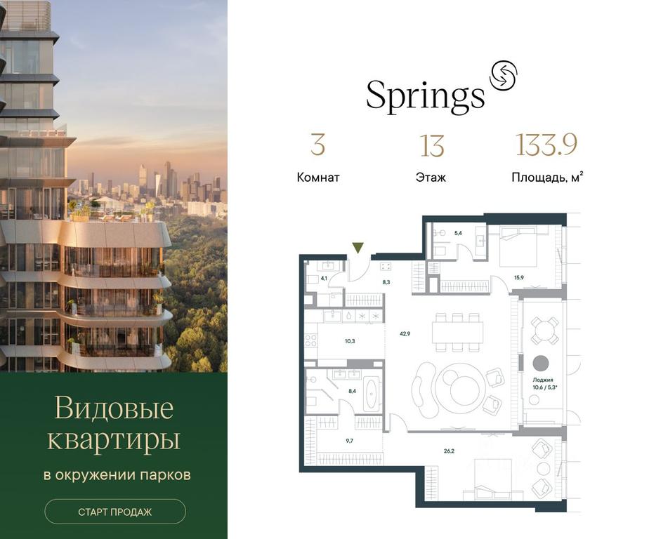 2-BD Apartment Sale, 133.9平方米 at Springs (Springs), Malaya Filyovskaya Street, 46, Moscow, Russia #1