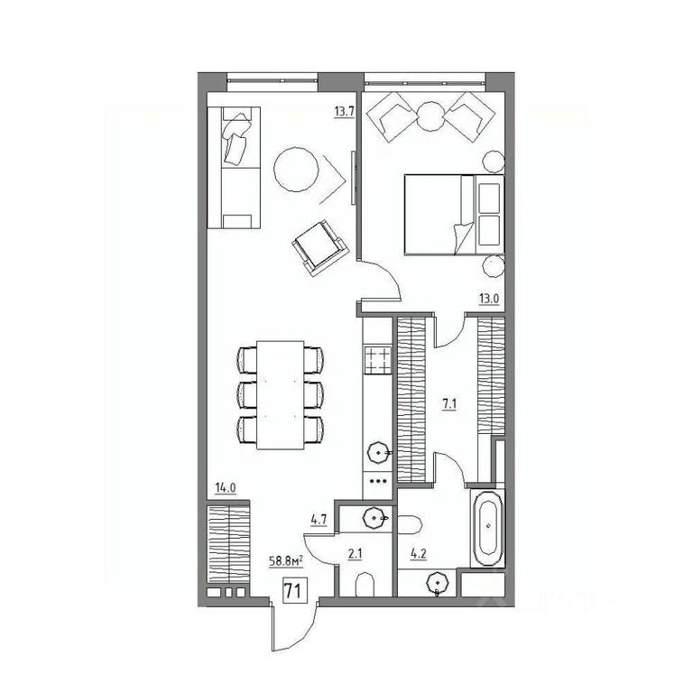 1-BD Apartment Sale, 58.8平方米 at Rezidentsiya 15, Sosnovaya ulitsa, District of Rastorguevo, Vidnoye, Leninskiy City District, Moscow Region, Russia #1