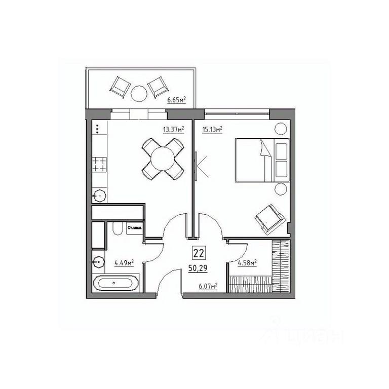 1-BD Apartment Sale, 50.29平方米 at Rezidentsiya 15, Sosnovaya ulitsa, District of Rastorguevo, Vidnoye, Leninskiy City District, Moscow Region, Russia #1