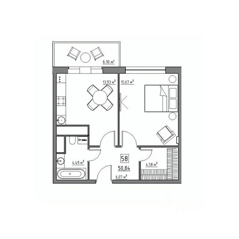 1-BD Apartment Sale, 50.84平方米 at Rezidentsiya 15, Sosnovaya ulitsa, District of Rastorguevo, Vidnoye, Leninskiy City District, Moscow Region, Russia #1