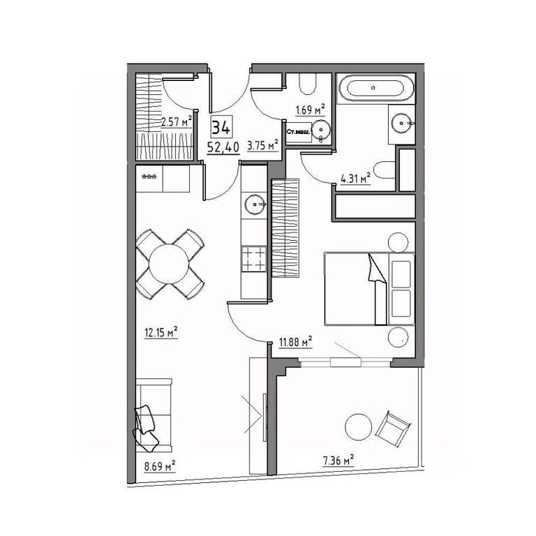 1-BD Apartment Sale, 52.4平方米 at Rezidentsiya 15, Sosnovaya ulitsa, District of Rastorguevo, Vidnoye, Leninskiy City District, Moscow Region, Russia #1