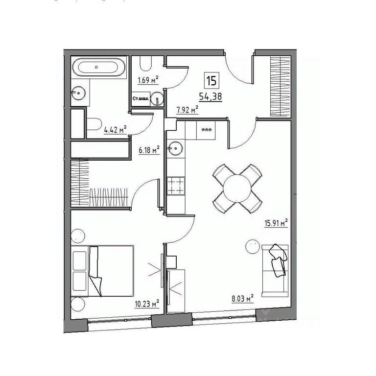 1-BD Apartment Sale, 54.38平方米 at Rezidentsiya 15, Sosnovaya ulitsa, District of Rastorguevo, Vidnoye, Leninskiy City District, Moscow Region, Russia #1