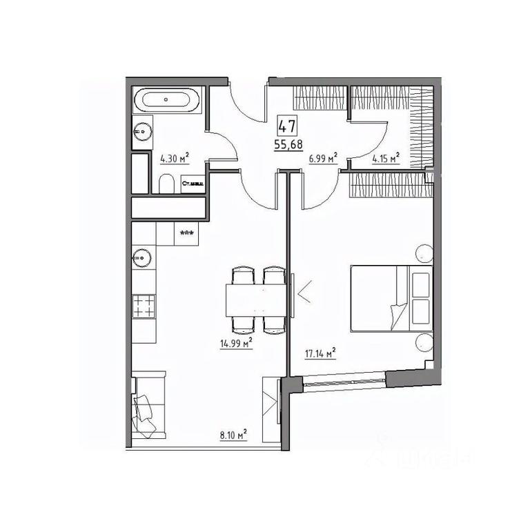 1-BD Apartment Sale, 55.68平方米 at Rezidentsiya 15, Sosnovaya ulitsa, District of Rastorguevo, Vidnoye, Leninskiy City District, Moscow Region, Russia #1