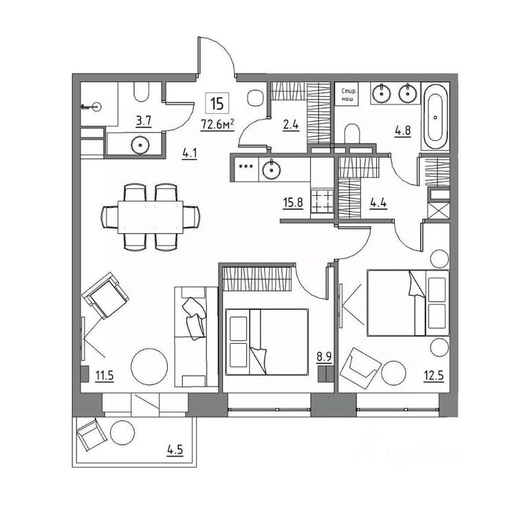2-BD Apartment Sale, 72.6 sq. m. at Rezidentsiya 15, Sosnovaya ulitsa, District of Rastorguevo, Vidnoye, Leninskiy City District, Moscow Region, Russia #1