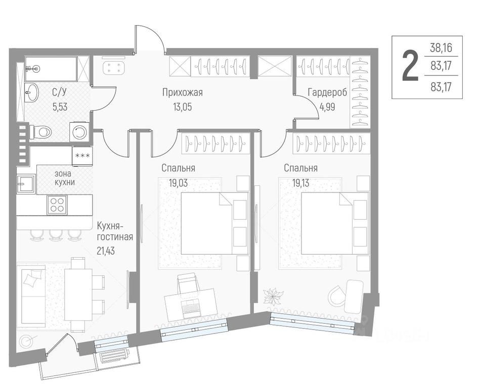 1-BD Apartment Sale, 83.3平方米 at Elyon, zhiloy kompleks Elyon, derevnya Kryukovo, Odintsovskiy Urban District, Moscow Region, Russia #1
