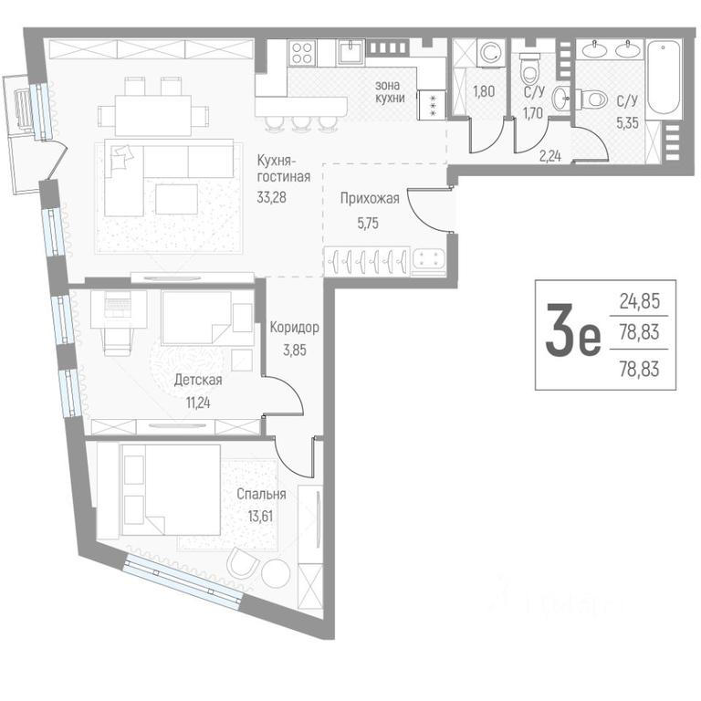 1-BD Apartment Sale, 78.6平方米 at Elyon, zhiloy kompleks Elyon, derevnya Kryukovo, Odintsovskiy Urban District, Moscow Region, Russia #1