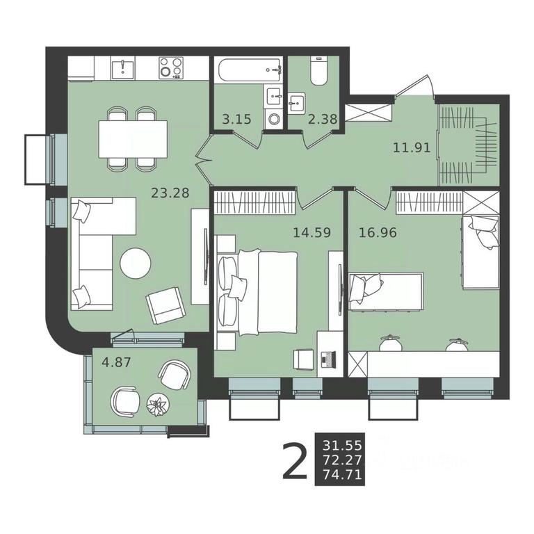 1-BD Apartment Sale, 74.71 sq. m. at Mishino-2, Ozyornaya Street, Khimki, Moscow Region, Russia #2