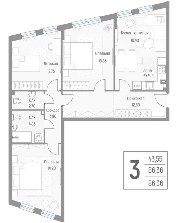 2-BD Apartment Sale, 86.5平方米 at Elyon, zhiloy kompleks Elyon, derevnya Kryukovo, Odintsovskiy Urban District, Moscow Region, Russia #1