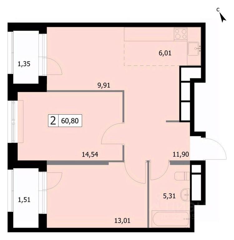 1-BD Apartment Sale, 60.8 sq. m. at SELF (Self), 3rd Grazhdanskaya Street, 35, Moscow, Russia #1