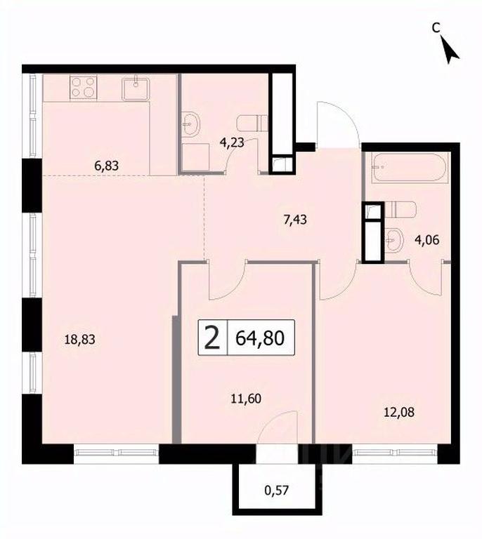 1-BD Apartment Sale, 64.8 sq. m. at SELF (Self), 3rd Grazhdanskaya Street, 35, Moscow, Russia #1