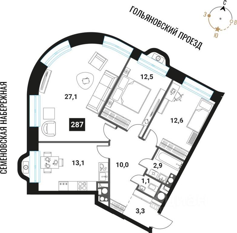 2-BD Apartment Sale, 82.6平方米 at Intelligent, Semyonovskaya Embankment, Moscow, Russia #1