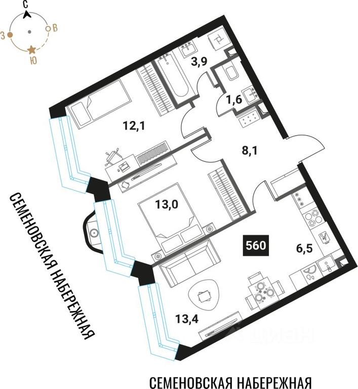 2-BD Apartment Sale, 58.6平方米 at Intelligent, Semyonovskaya Embankment, Moscow, Russia #1