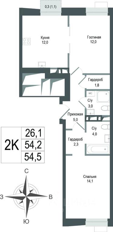 1-BD Apartment Sale, 54.2平方米 at KINOKVARTAL, Solnechnaya Street, Pervomayskiy Microdistrict, Korolyov, Moscow Region, Russia #1