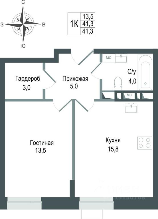 Apartment Sale, 41.3平方米 at KINOKVARTAL, Solnechnaya Street, Pervomayskiy Microdistrict, Korolyov, Moscow Region, Russia #1