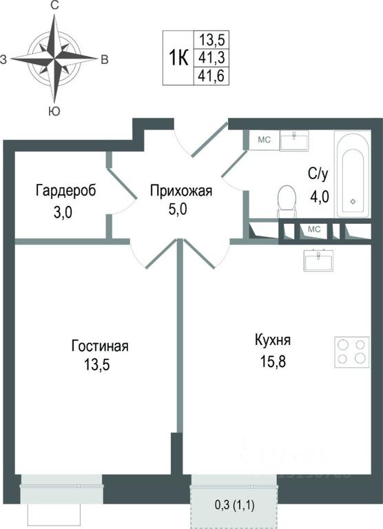 Apartment Sale, 41.3平方米 at KINOKVARTAL, Solnechnaya Street, Pervomayskiy Microdistrict, Korolyov, Moscow Region, Russia #1