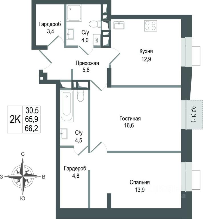 1-BD Apartment Sale, 65.9平方米 at KINOKVARTAL, Solnechnaya Street, Pervomayskiy Microdistrict, Korolyov, Moscow Region, Russia #1