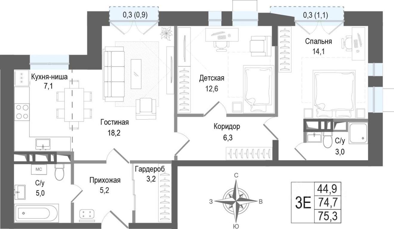 2-BD Apartment Sale, 74.8平方米 at KINOKVARTAL, Solnechnaya Street, Pervomayskiy Microdistrict, Korolyov, Moscow Region, Russia #2