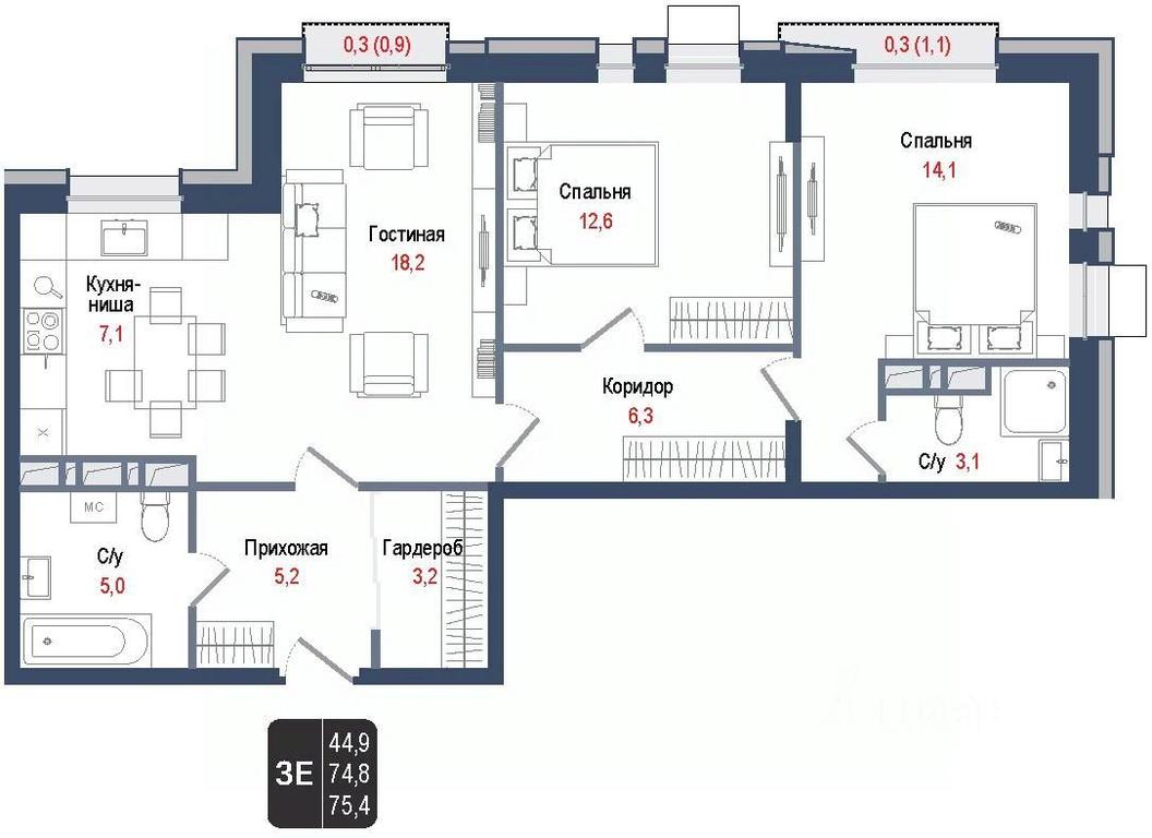2-BD Apartment Sale, 74.8平方米 at KINOKVARTAL, Solnechnaya Street, Pervomayskiy Microdistrict, Korolyov, Moscow Region, Russia #1