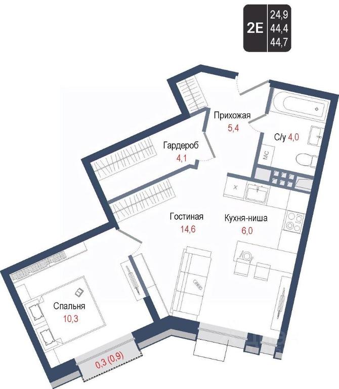 1-BD Apartment Sale, 44.4平方米 at KINOKVARTAL, Solnechnaya Street, Pervomayskiy Microdistrict, Korolyov, Moscow Region, Russia #1