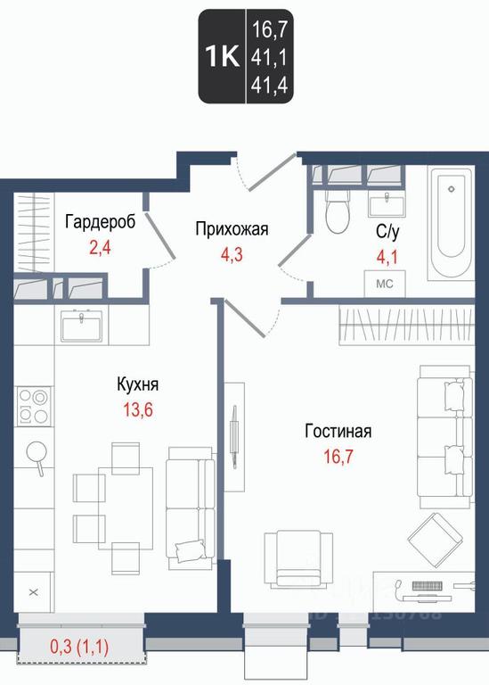 Apartment Sale, 41.1平方米 at KINOKVARTAL, Solnechnaya Street, Pervomayskiy Microdistrict, Korolyov, Moscow Region, Russia #1