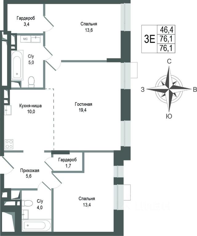 2-BD Apartment Sale, 76.1 sq. m. at KINOKVARTAL, Solnechnaya Street, Pervomayskiy Microdistrict, Korolyov, Moscow Region, Russia #1 2-BD Apartment Sale, 76.1 sq. m. at KINOKVARTAL, Solnechnaya Street, Pervomayskiy Microdistrict, Korolyov, Moscow Region, Russia #1