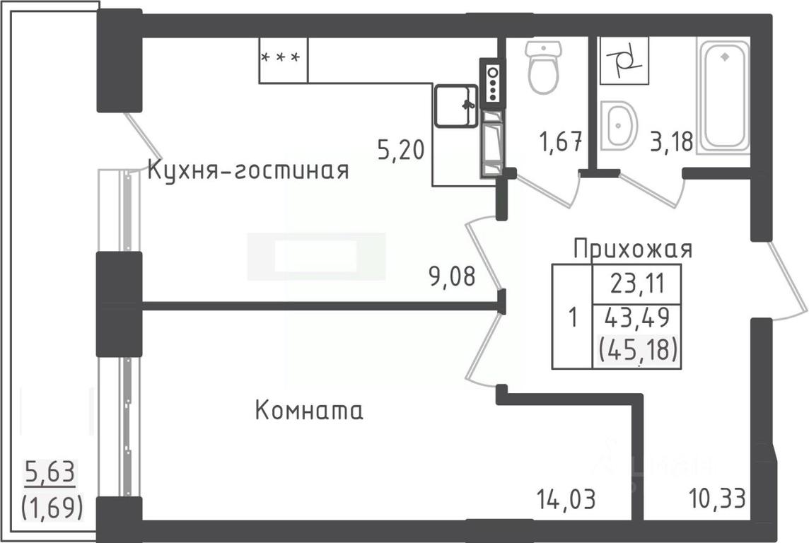 Apartment Sale, 45.18平方米 at Zeleny Oazis-Gorod, derevnya Rybaki, Dmitrovskiy Urban District, Moscow Region, Russia #1