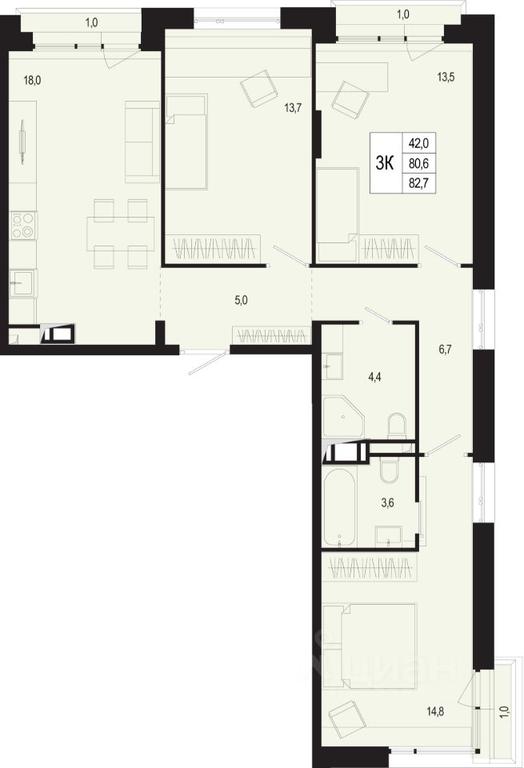 2-BD Apartment Sale, 80.6 sq. m. at Novaya Shcherbinka, Borisovka Village, Podolsk City District, Moscow Region, Russia #1