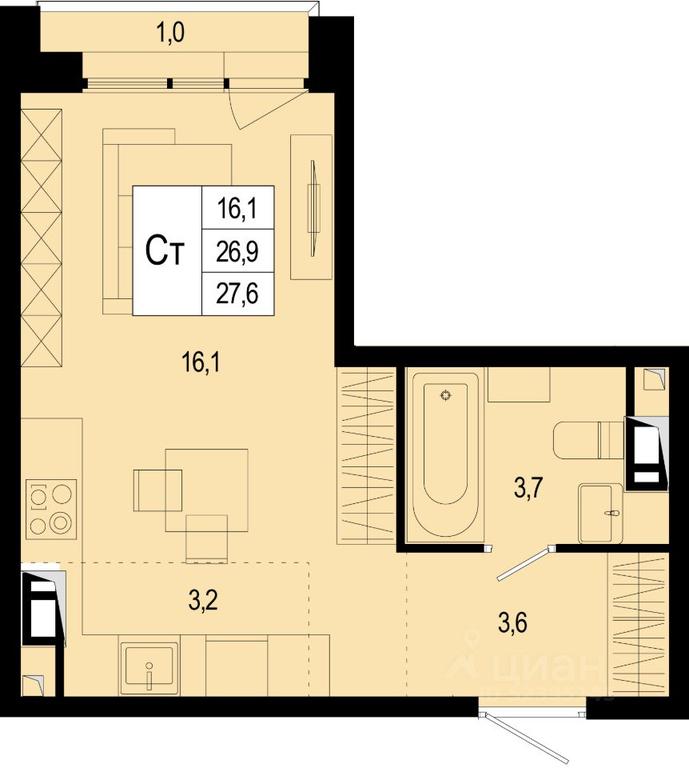 Apartment Sale, 26.9 sq. m. at Novaya Shcherbinka, Borisovka Village, Podolsk City District, Moscow Region, Russia #1
