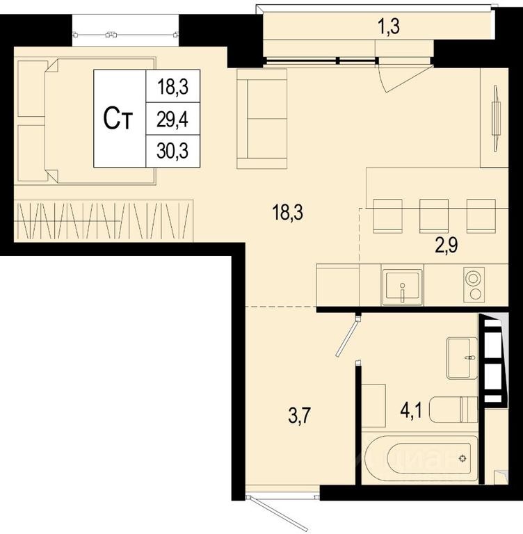 Apartment Sale, 29.4 sq. m. at Novaya Shcherbinka, Borisovka Village, Podolsk City District, Moscow Region, Russia #1