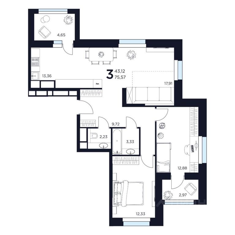 2-BD Apartment Sale, 75.57 sq. m. at VOSTOK II, Germana Titova Street, 2, Khimki, Moscow Region, Russia #1