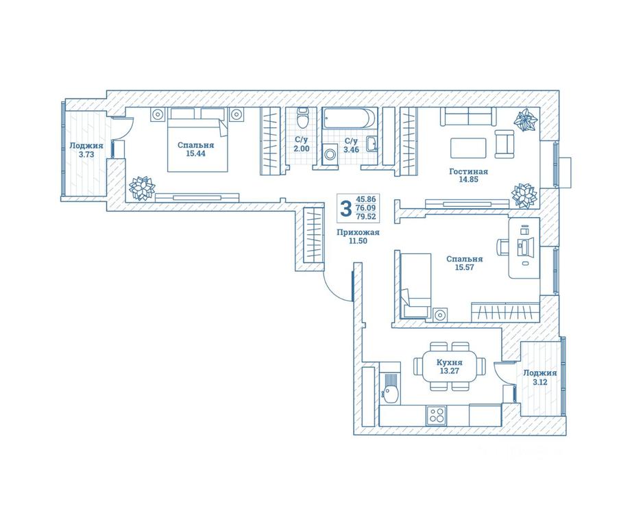 2-BD Apartment Sale, 79.8 sq. m. at Novograd Monino, ulitsa Alksnisa, rabochiy posyolok Monino, Shchyolkovo Urban District, Moscow Region, Russia #1