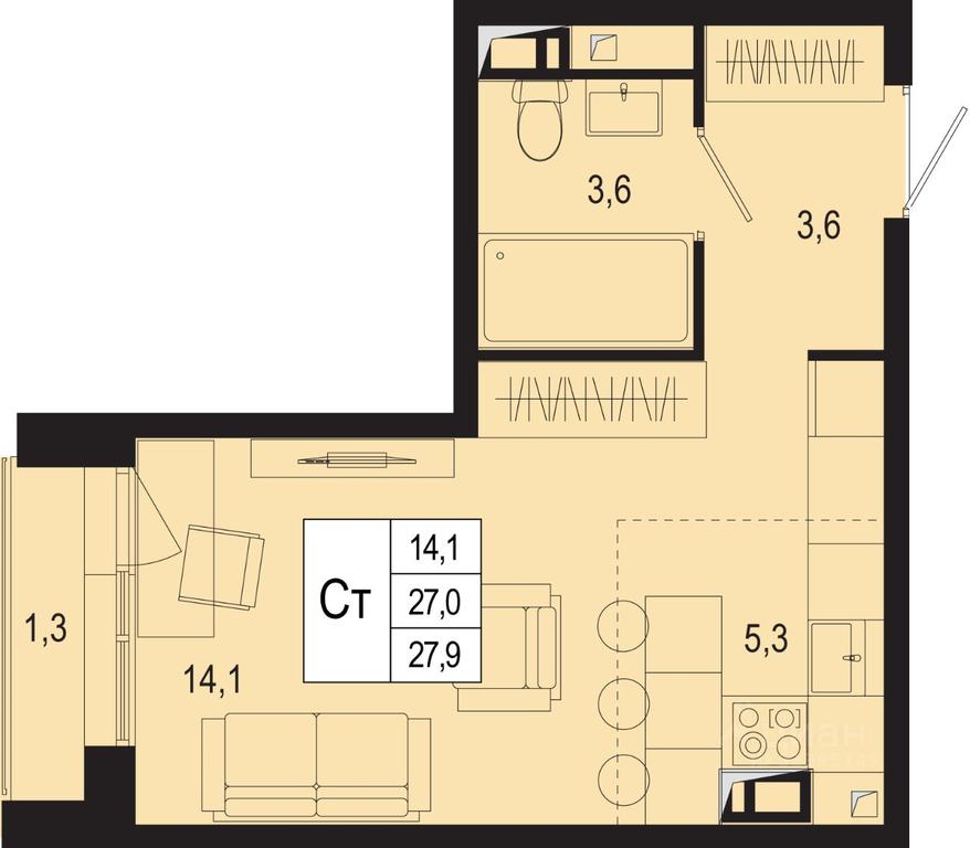 Apartment Sale, 27 sq. m. at Novaya Shcherbinka, Borisovka Village, Podolsk City District, Moscow Region, Russia #1