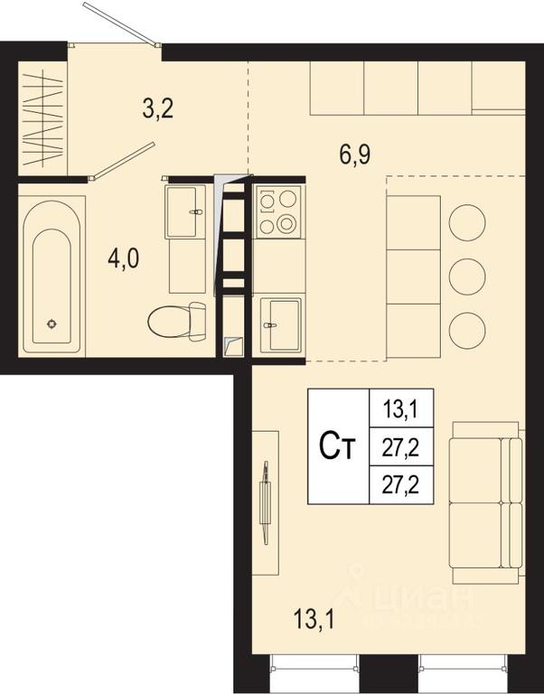 Apartment Sale, 27.2 sq. m. at Novaya Shcherbinka, Borisovka Village, Podolsk City District, Moscow Region, Russia #1