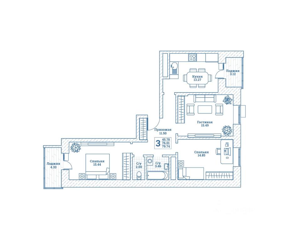 2-BD Apartment Sale, 79.9平方米 at Novograd Monino, ulitsa Alksnisa, rabochiy posyolok Monino, Shchyolkovo Urban District, Moscow Region, Russia #1