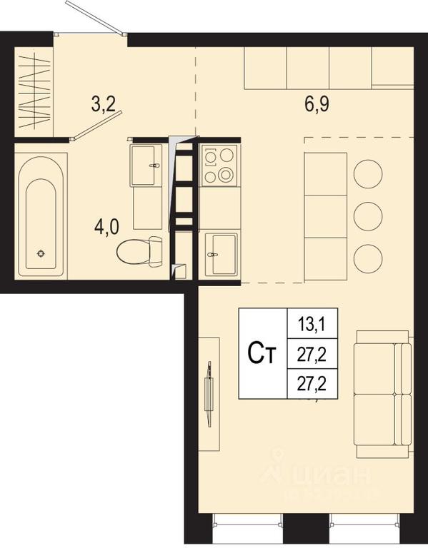 Apartment Sale, 27.2 sq. m. at Novaya Shcherbinka, Borisovka Village, Podolsk City District, Moscow Region, Russia #1