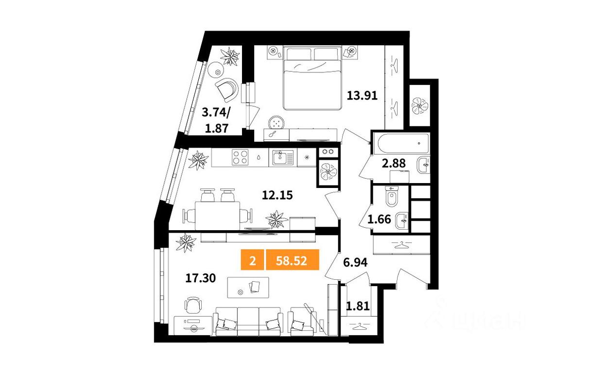 1-BD Apartment Sale, 58.52 sq. m. at Planerny kvartal, Molodyozhnaya Street, Khimki, Moscow Region, Russia #1