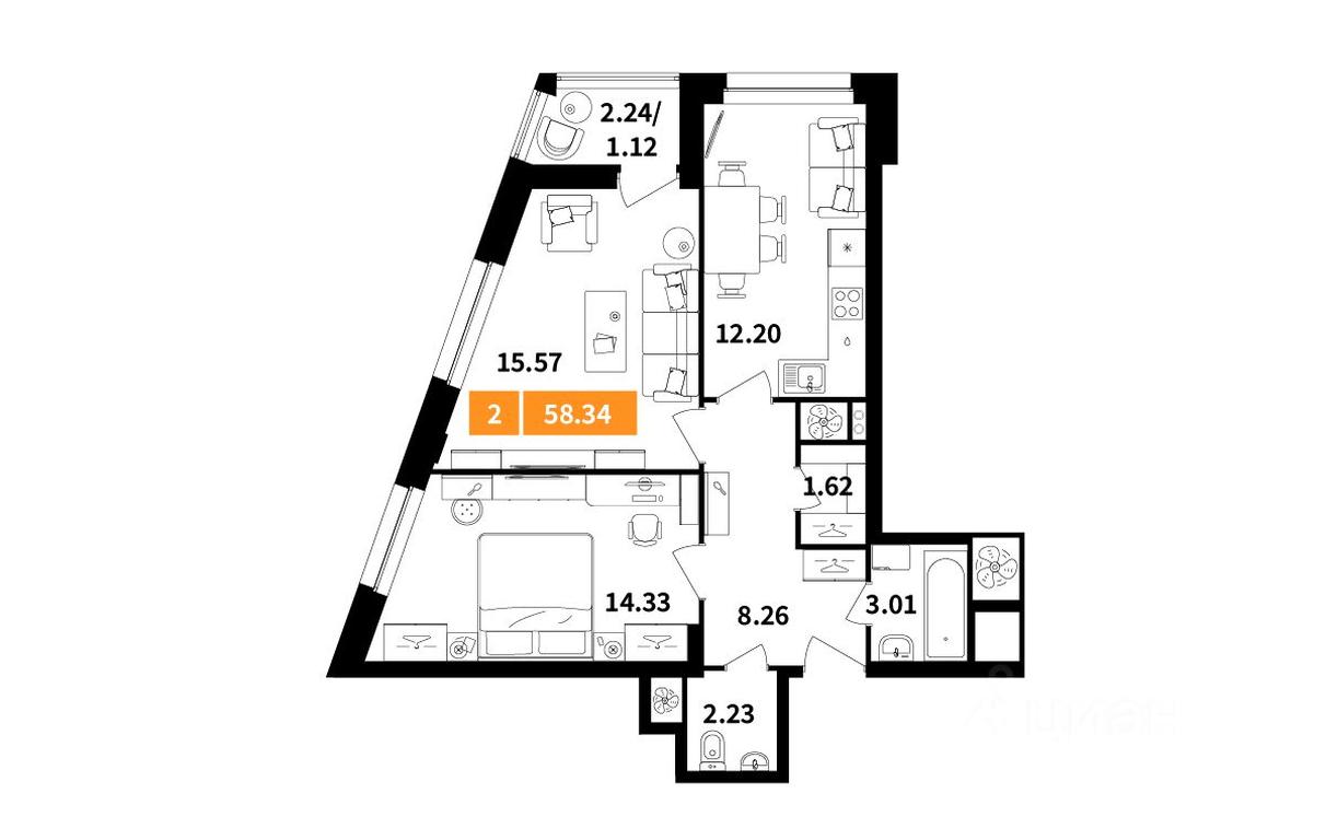 1-BD Apartment Sale, 58.34 sq. m. at Planerny kvartal, Molodyozhnaya Street, Khimki, Moscow Region, Russia #1