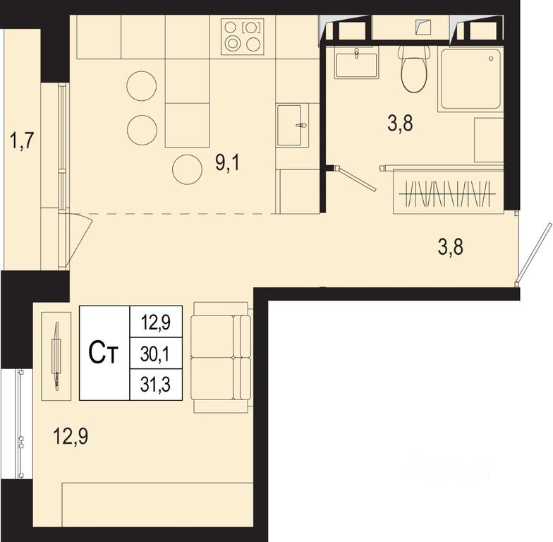 Apartment Sale, 30.1平方米 at Novaya Shcherbinka, Borisovka Village, Podolsk City District, Moscow Region, Russia #1