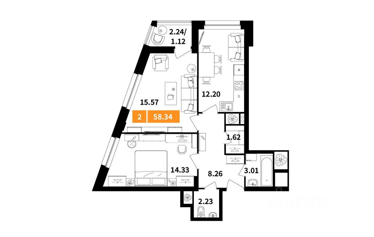 1-BD Apartment Sale, 58.34 sq. m. at Planerny kvartal, Molodyozhnaya Street, Khimki, Moscow Region, Russia #1