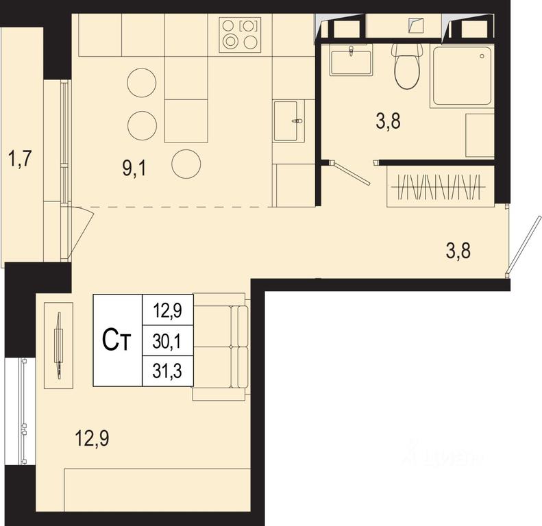 Apartment Sale, 30.1 sq. m. at Novaya Shcherbinka, Borisovka Village, Podolsk City District, Moscow Region, Russia #1