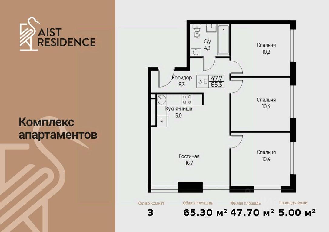 3-BD Apartment Sale, 65.3 sq. m. at Kompleks apartamentov AIST RESIDENCE (Aist Rezidens), Namyotkina Street, 10Д, Moscow, Russia #1