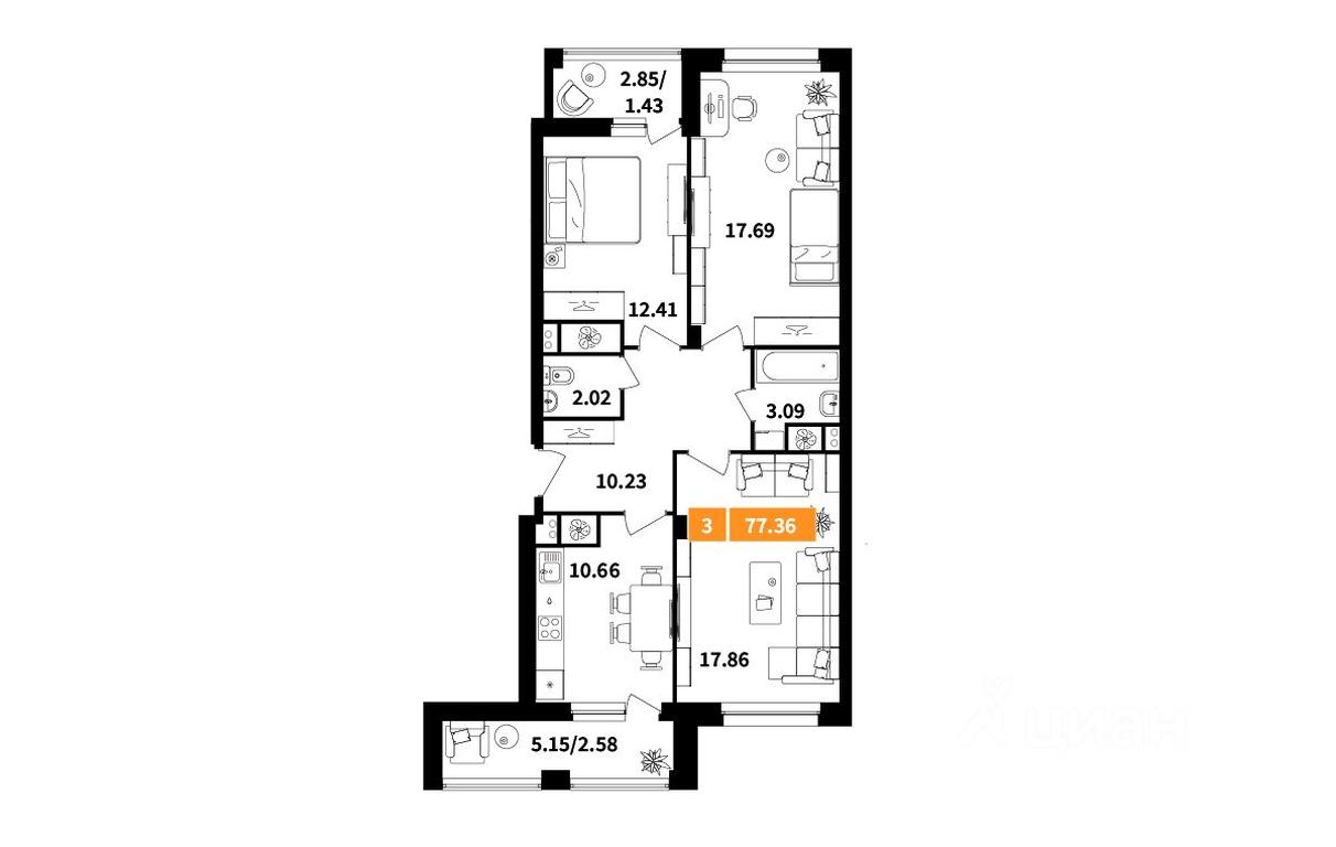2-BD Apartment Sale, 77.36 sq. m. at Planerny kvartal, Molodyozhnaya Street, Khimki, Moscow Region, Russia #1