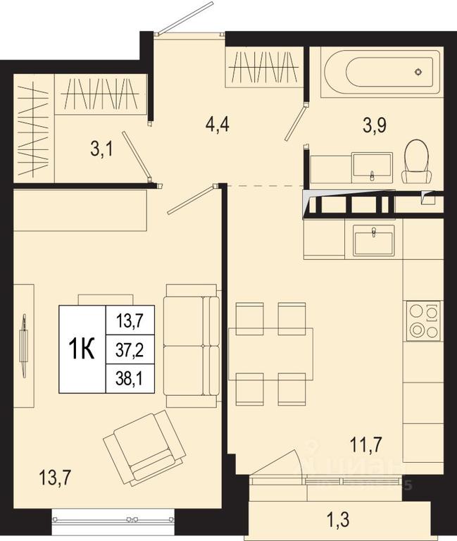 Apartment Sale, 37.2 sq. m. at Novaya Shcherbinka, Borisovka Village, Podolsk City District, Moscow Region, Russia #1