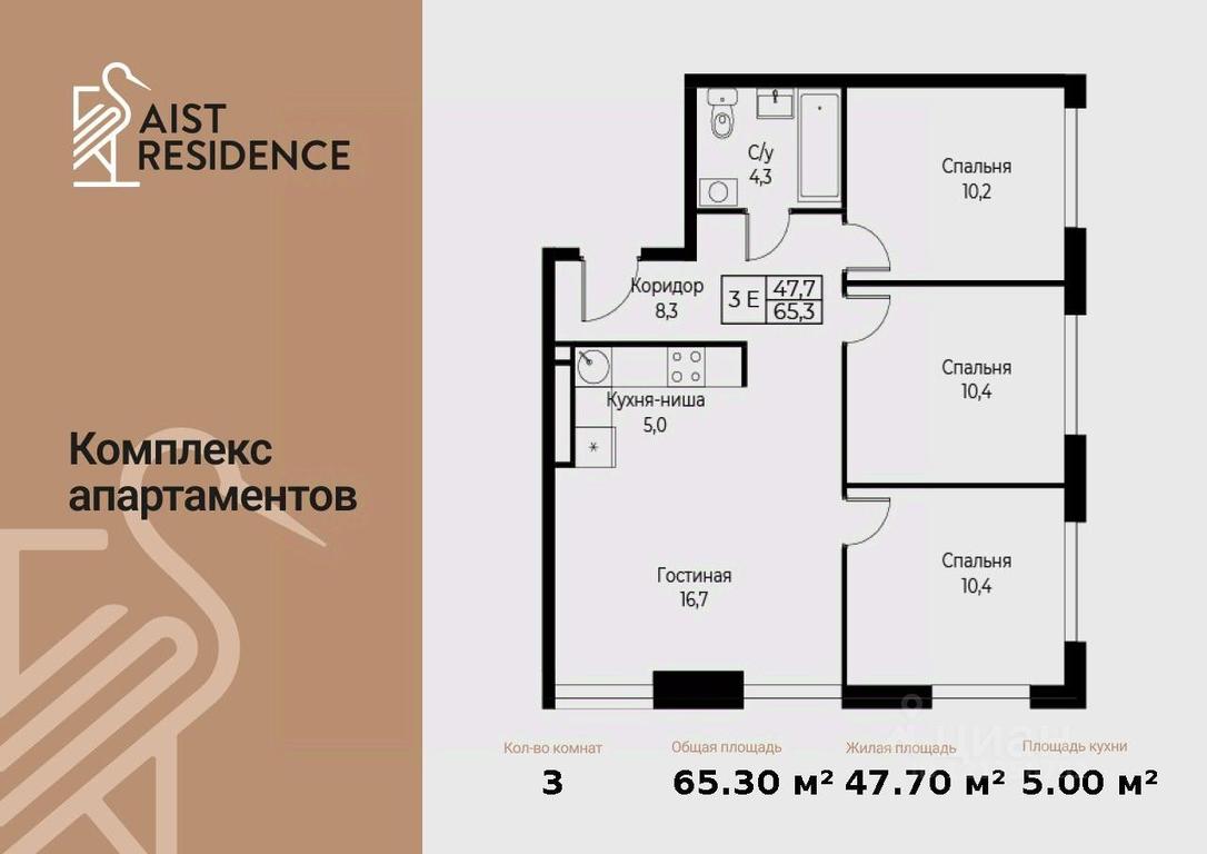 3-BD Apartment Sale, 65.3 sq. m. at Kompleks apartamentov AIST RESIDENCE (Aist Rezidens), Namyotkina Street, 10Д, Moscow, Russia #1