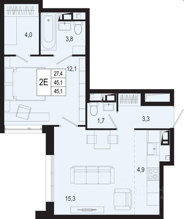 1-BD Apartment Sale, 45.1 sq. m. at Novaya Shcherbinka, Borisovka Village, Podolsk City District, Moscow Region, Russia #1
