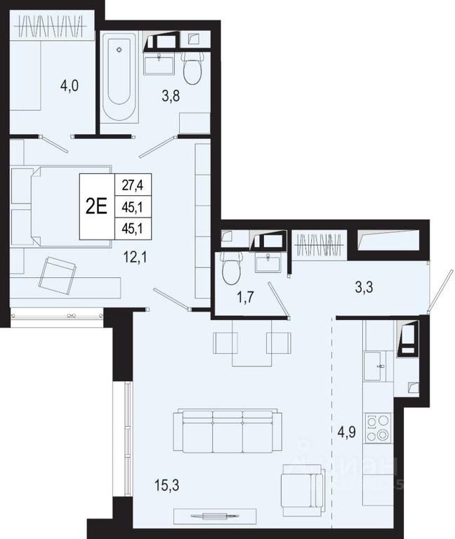 1-BD Apartment Sale, 45.1 sq. m. at Novaya Shcherbinka, Borisovka Village, Podolsk City District, Moscow Region, Russia #1