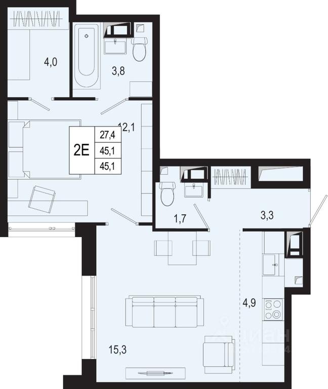 1-BD Apartment Sale, 45.1 sq. m. at Novaya Shcherbinka, Borisovka Village, Podolsk City District, Moscow Region, Russia #1