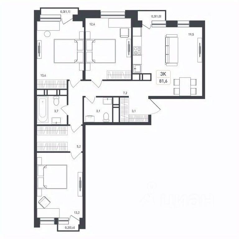 2-BD Apartment Sale, 81.6平方米 at Novaya Shcherbinka, Borisovka Village, Podolsk City District, Moscow Region, Russia #1