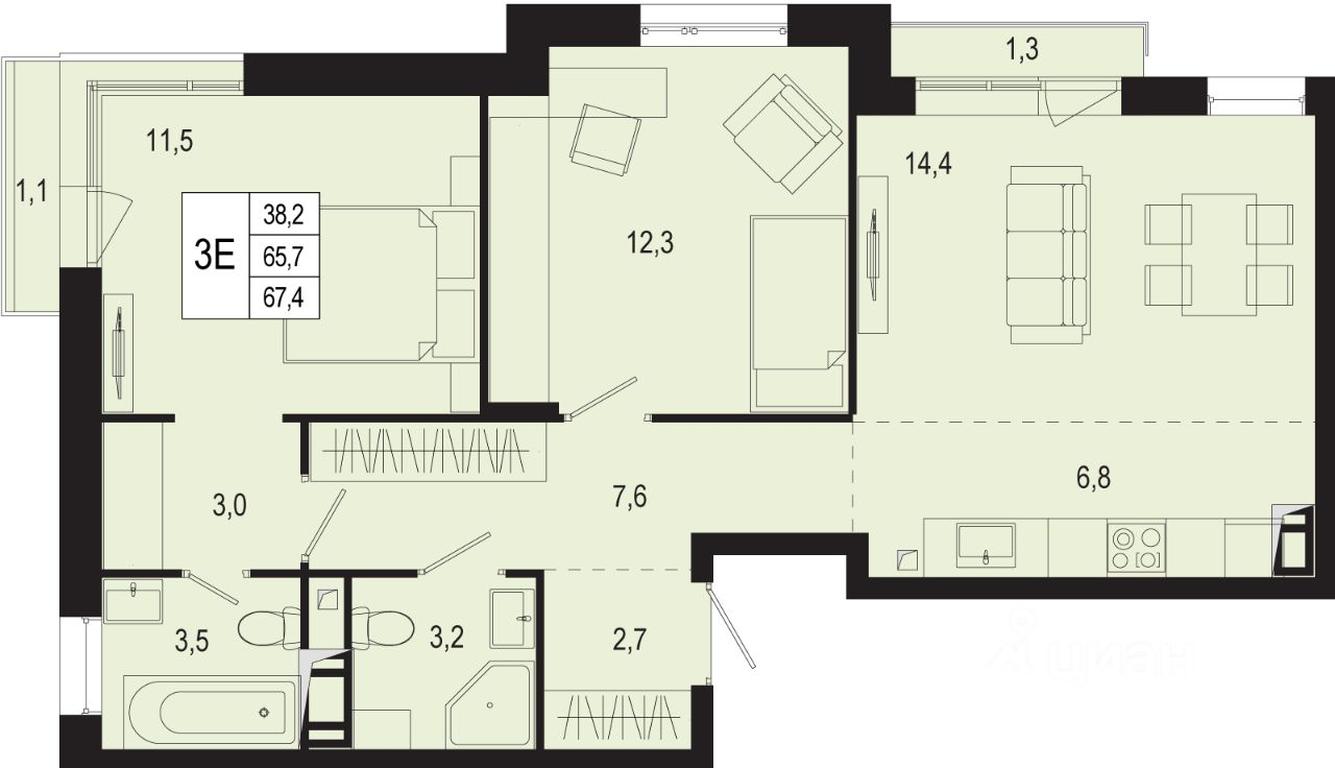 2-BD Apartment Sale, 65.7 sq. m. at Novaya Shcherbinka, Borisovka Village, Podolsk City District, Moscow Region, Russia #1